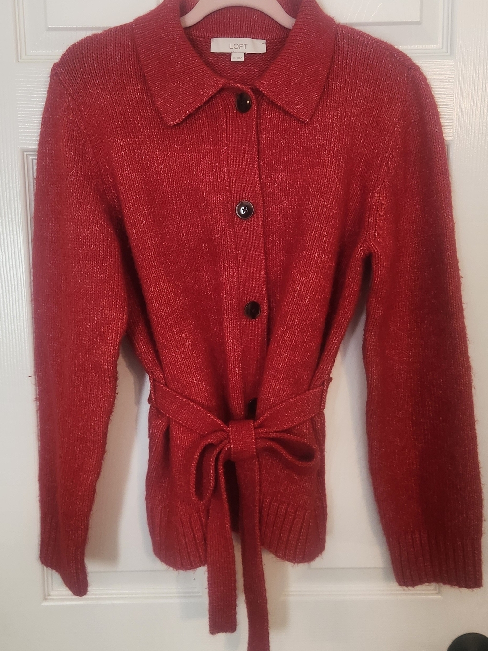 LOFT Red Belted Button-Front Women's Cardigan Sweater